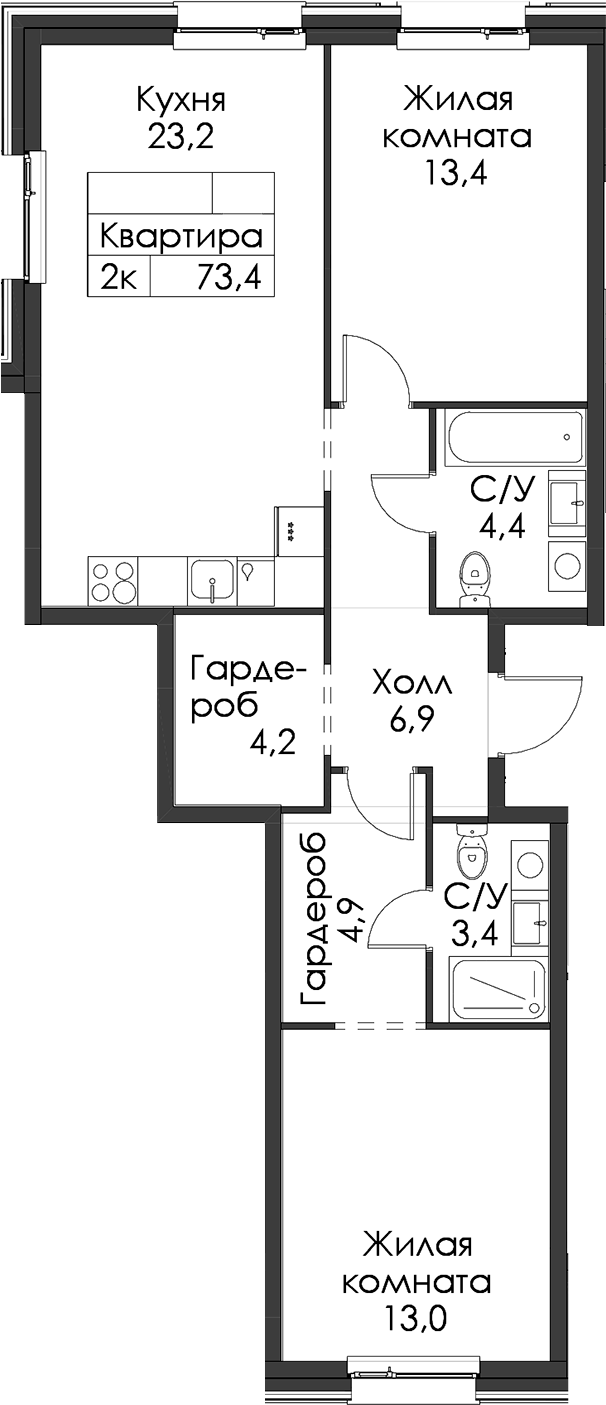 2-комнатная квартира 73.4 м², 4/12 эт., ЖК «Шкиперский 19»